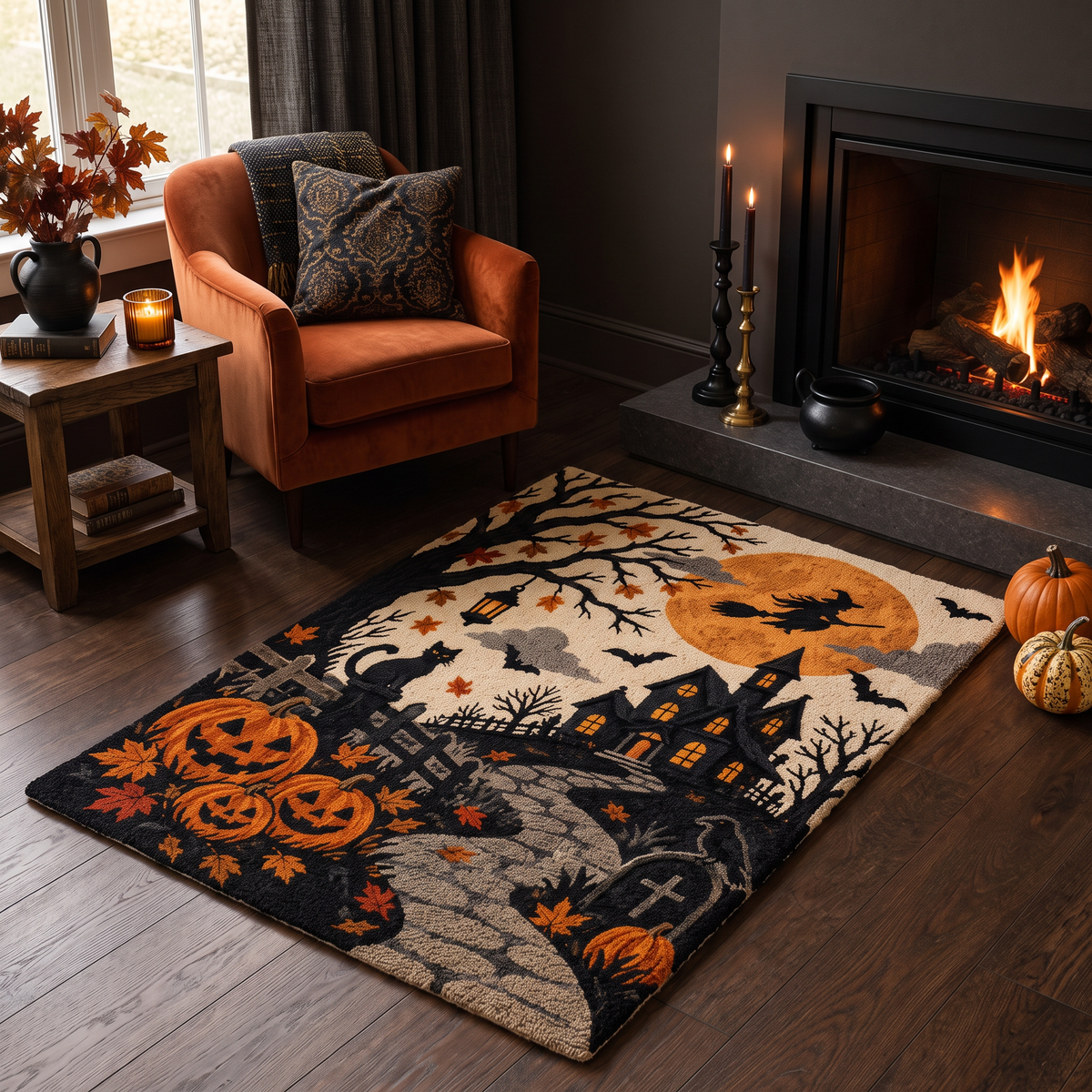Orange & Black Halloween Wool Hand-Tufted Rug – Midnight Manor | Haus of Weaves
