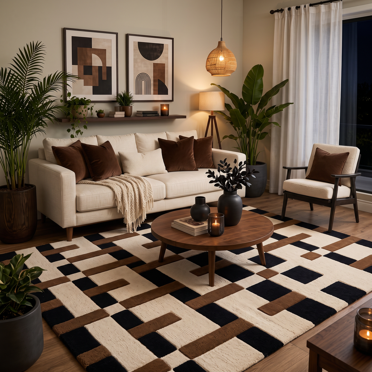 Interlock – Ivory, Black & Camel Geometric Area Rug | Haus of Weaves