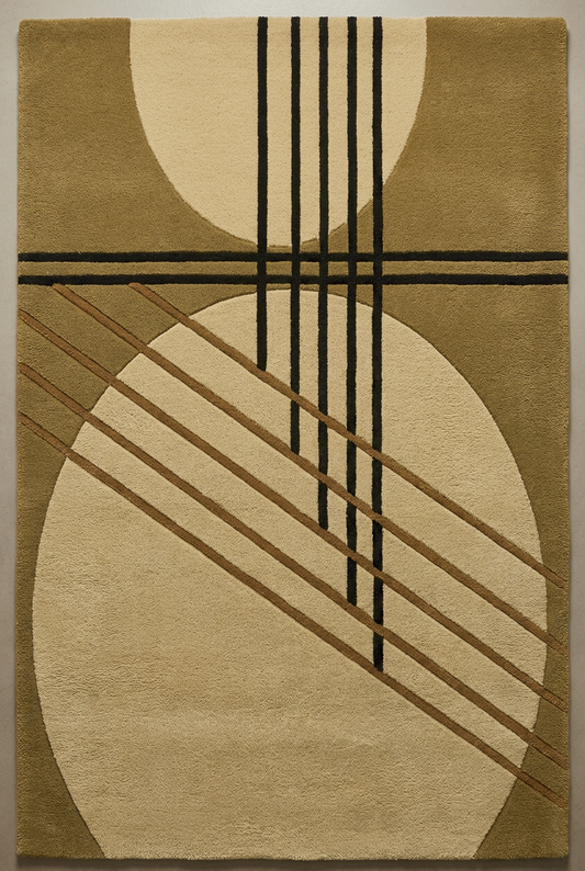 An abstract area rug featuring a geometric design with large cream-colored circles, brown diagonal lines, and black vertical stripes on a warm tan background.