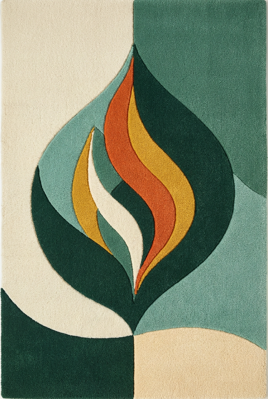 Abstract geometric area rug featuring a stylized flame motif in orange, yellow, white, and teal within layered leaf-like shapes on a split cream and teal background.