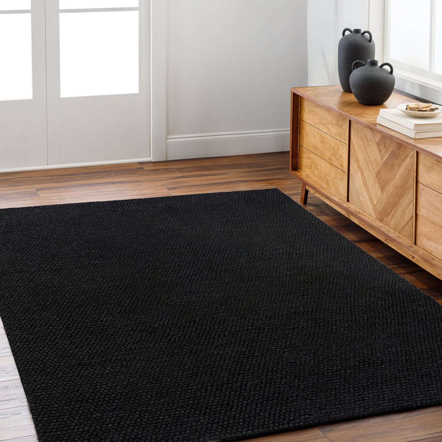 Orbis Contrast – Handmade Geometry Rug in Black | Wool & Polyester | Perfect for Bedroom, Living room and Hallway | Haus of Weaves