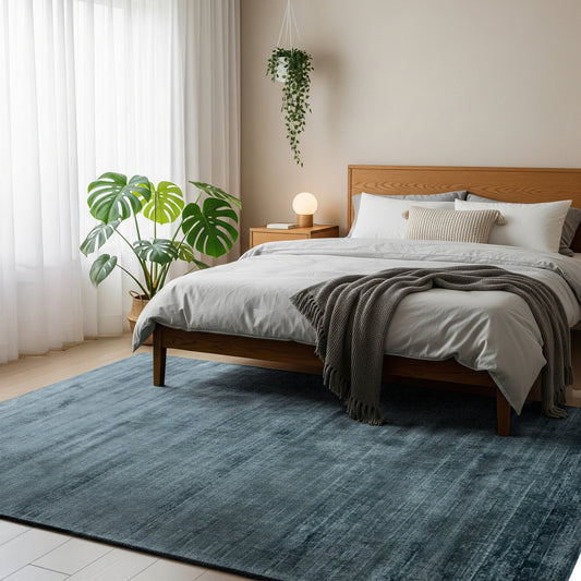 STEEL BLUE HORIZON – Handmade Solid Area Rug in Steel Blue / Slate Blue | Viscose | Perfect for Bedroom, Living room and Hallway | Haus of Weaves