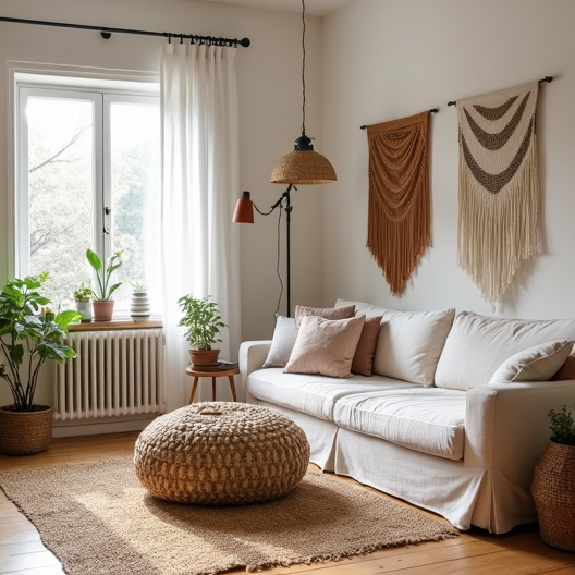 room setup with pouf and rugs at haus of weaves