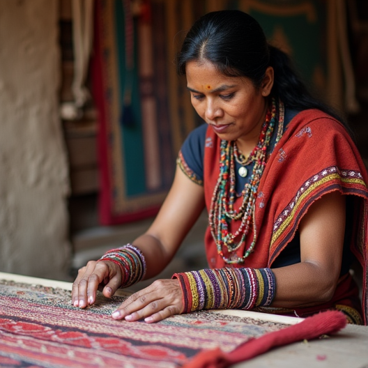 indian artisan working on a rugs