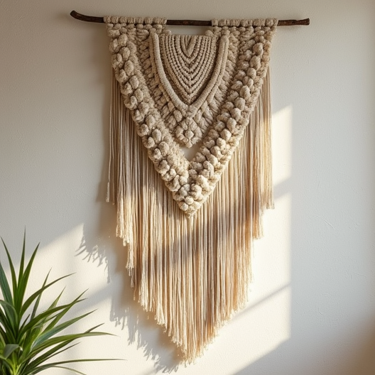 Large Boho Macramé Wall Hanging with Fringe - Natural Cotton Triangle Design