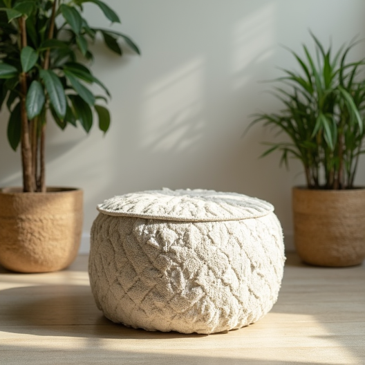 Chunky Cable Knit Storage Ottoman - Round Cream Pouf