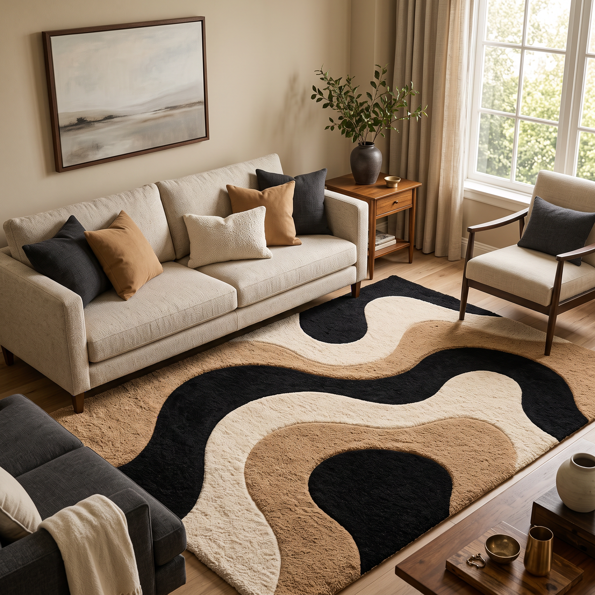 Black, Cream & Brown Abstract Hand-Tufted Wool Rug – Flow | Haus of Weaves