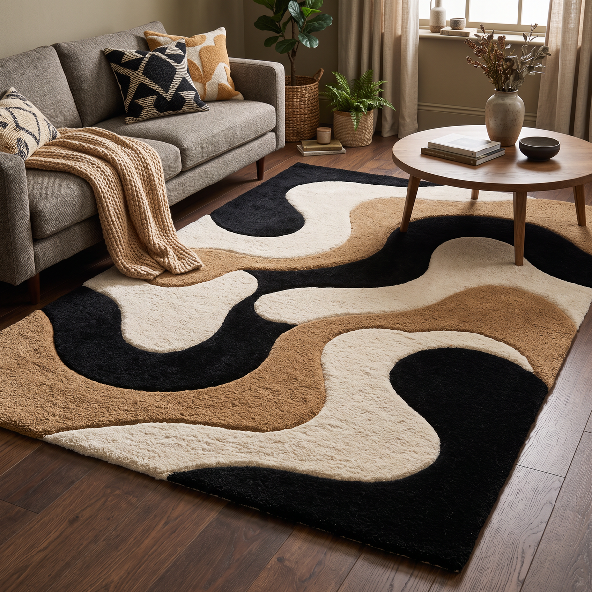 Black, Cream & Brown Abstract Hand-Tufted Wool Rug – Flow | Haus of Weaves