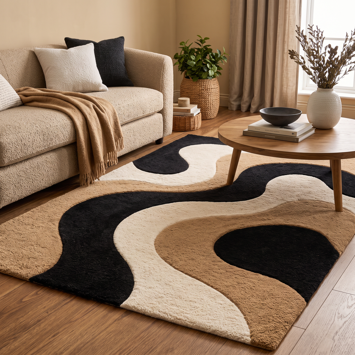 Black, Cream & Brown Abstract Hand-Tufted Wool Rug – Flow | Haus of Weaves