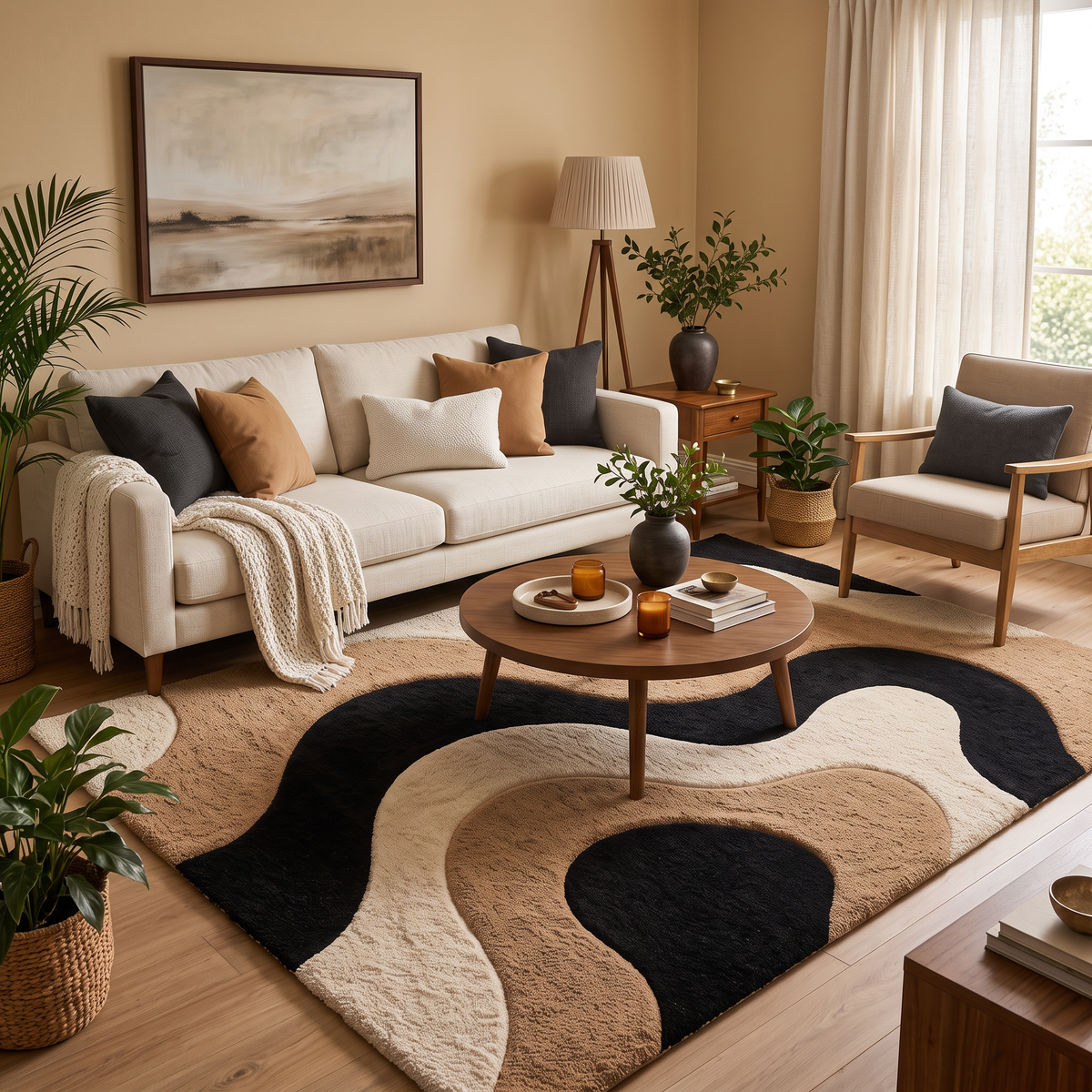 Black, Cream & Brown Abstract Hand-Tufted Wool Rug – Flow | Haus of Weaves