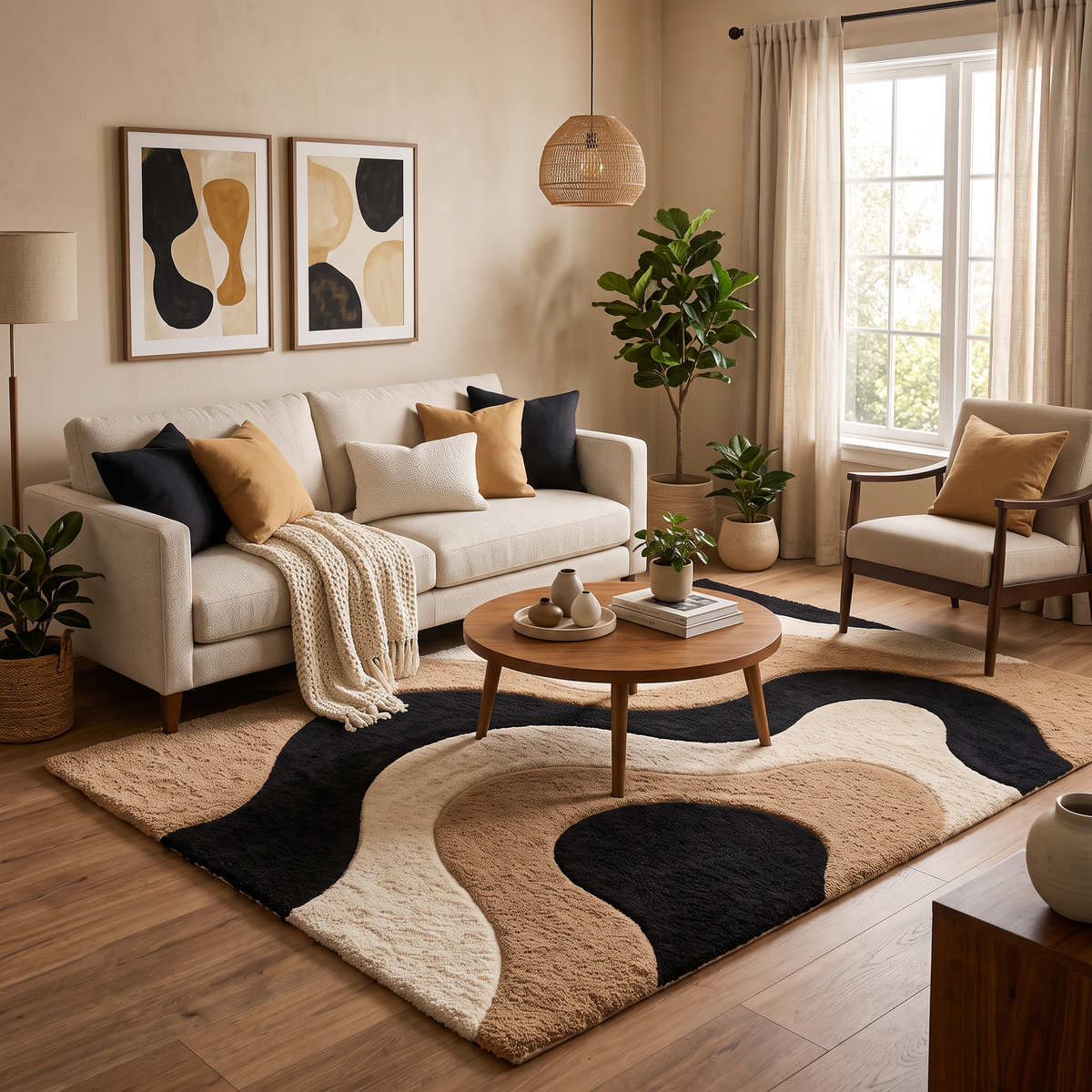 Black, Cream & Brown Abstract Hand-Tufted Wool Rug – Flow | Haus of Weaves
