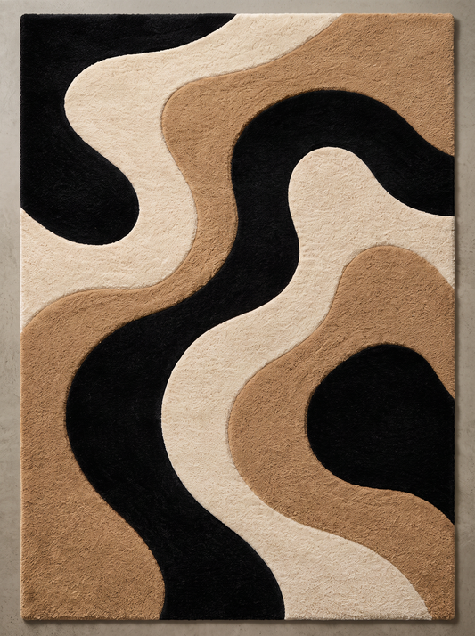 Black, Cream & Brown Abstract Hand-Tufted Wool Rug – Flow | Haus of Weaves
