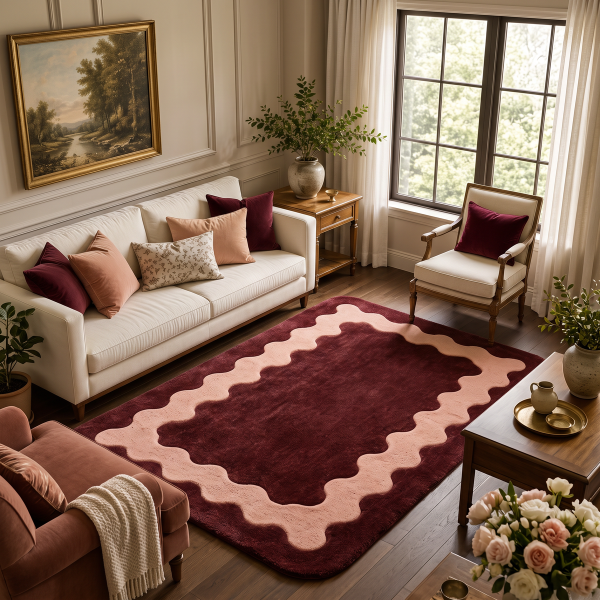 Burgundy & Blush Abstract Hand-Tufted Wool Rug – Ripple | Haus of Weaves