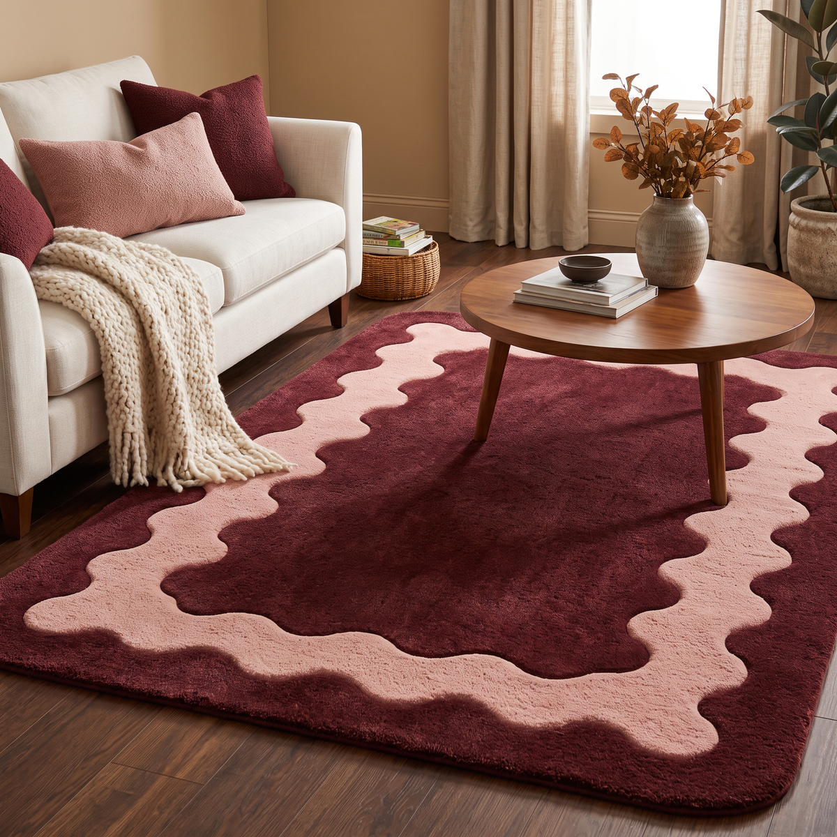 Burgundy & Blush Abstract Hand-Tufted Wool Rug – Ripple | Haus of Weaves