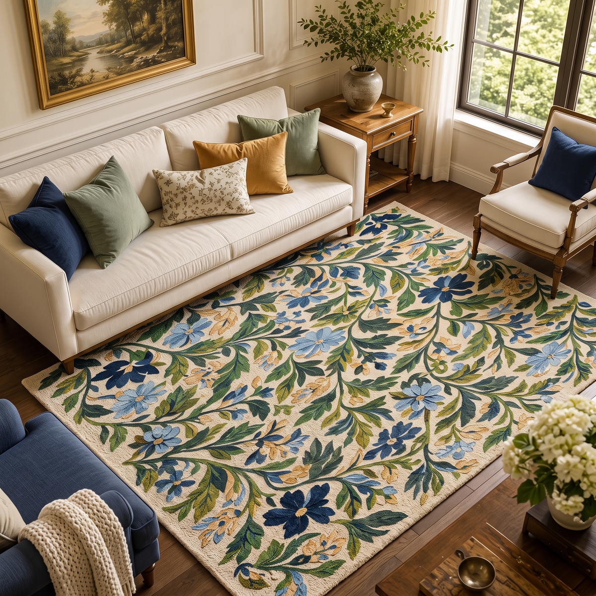 Blue and Green Botanical Floral Hand Tufted Wool Rug | Haus of Weaves