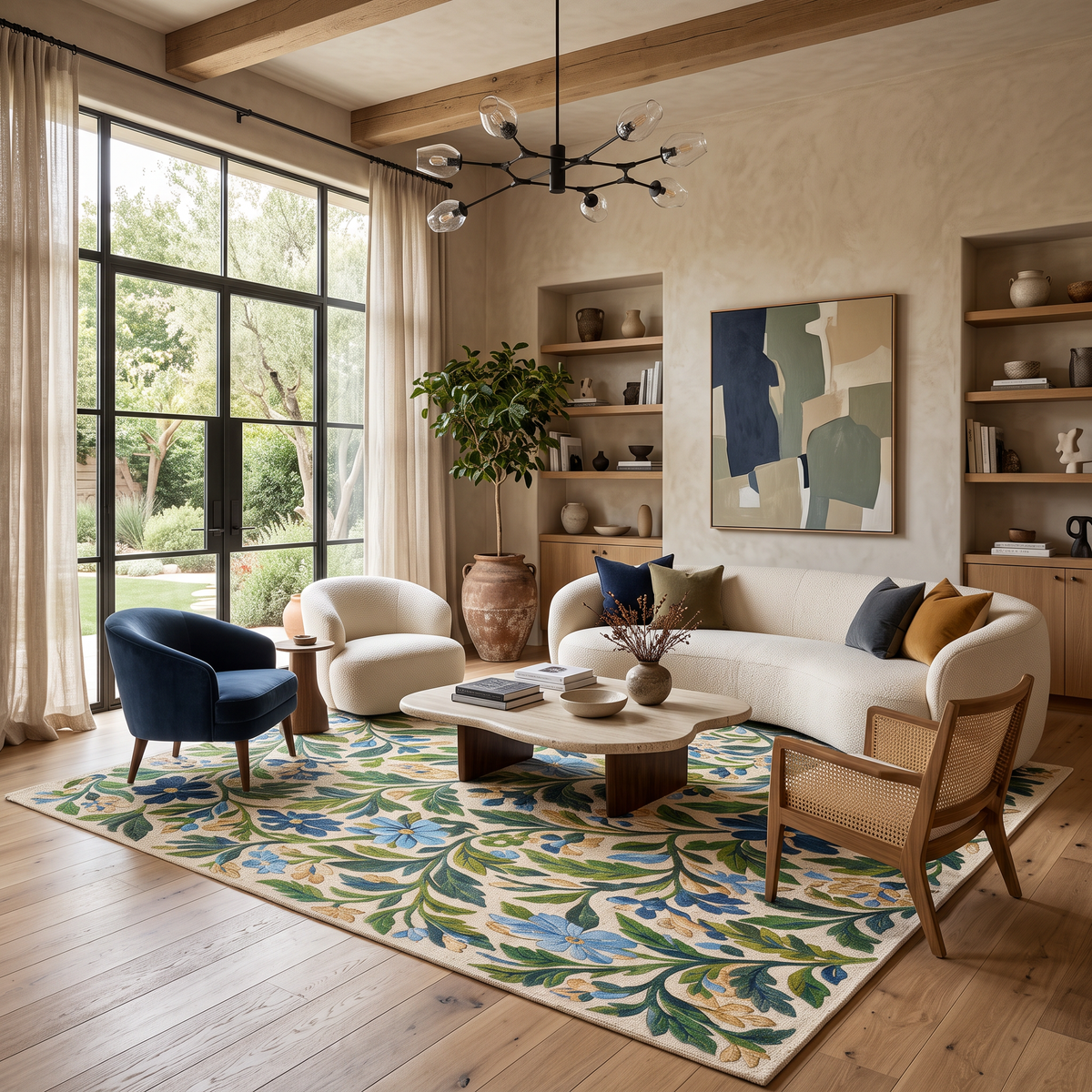 Blue and Green Botanical Floral Hand Tufted Wool Rug | Haus of Weaves