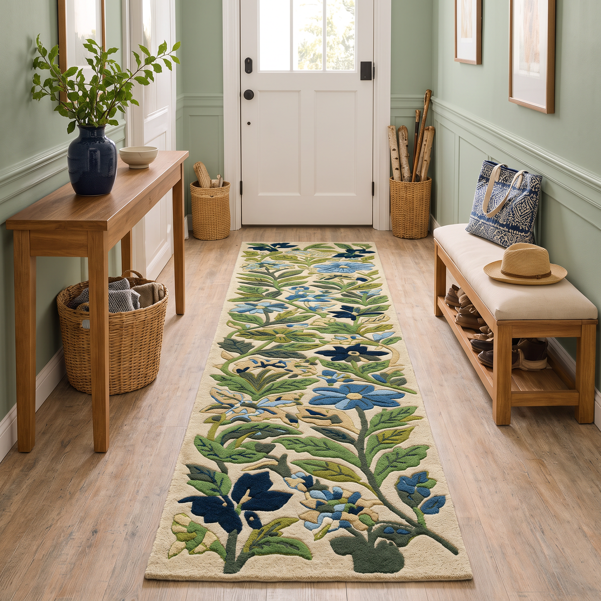 Blue and Green Botanical Floral Hand Tufted Wool Rug | Haus of Weaves