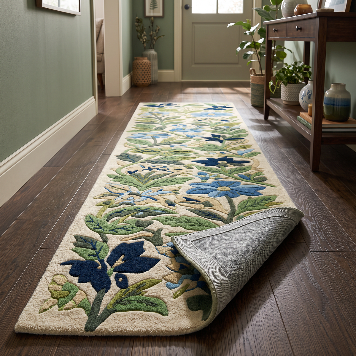 Blue and Green Botanical Floral Hand Tufted Wool Rug | Haus of Weaves