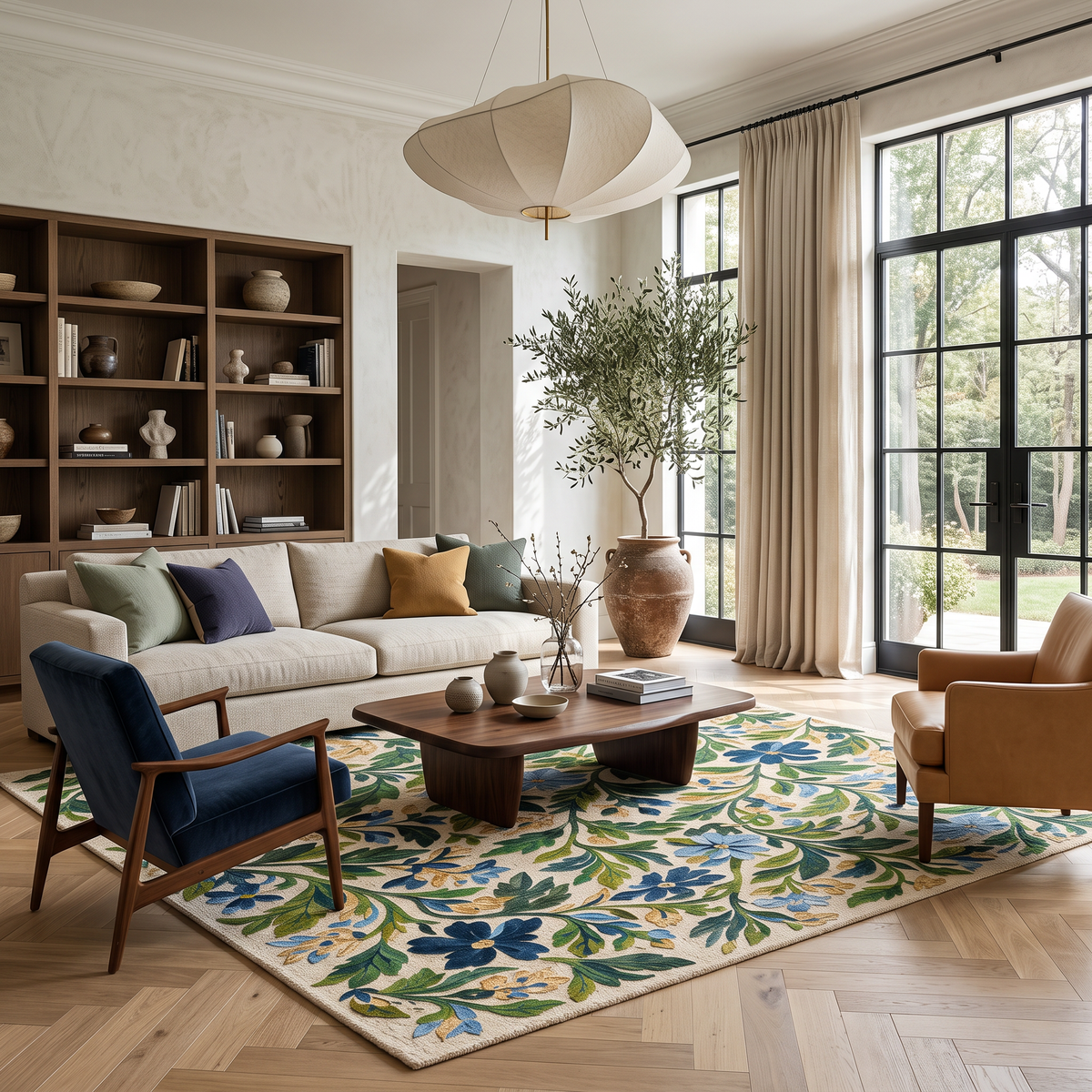 Blue and Green Botanical Floral Hand Tufted Wool Rug | Haus of Weaves