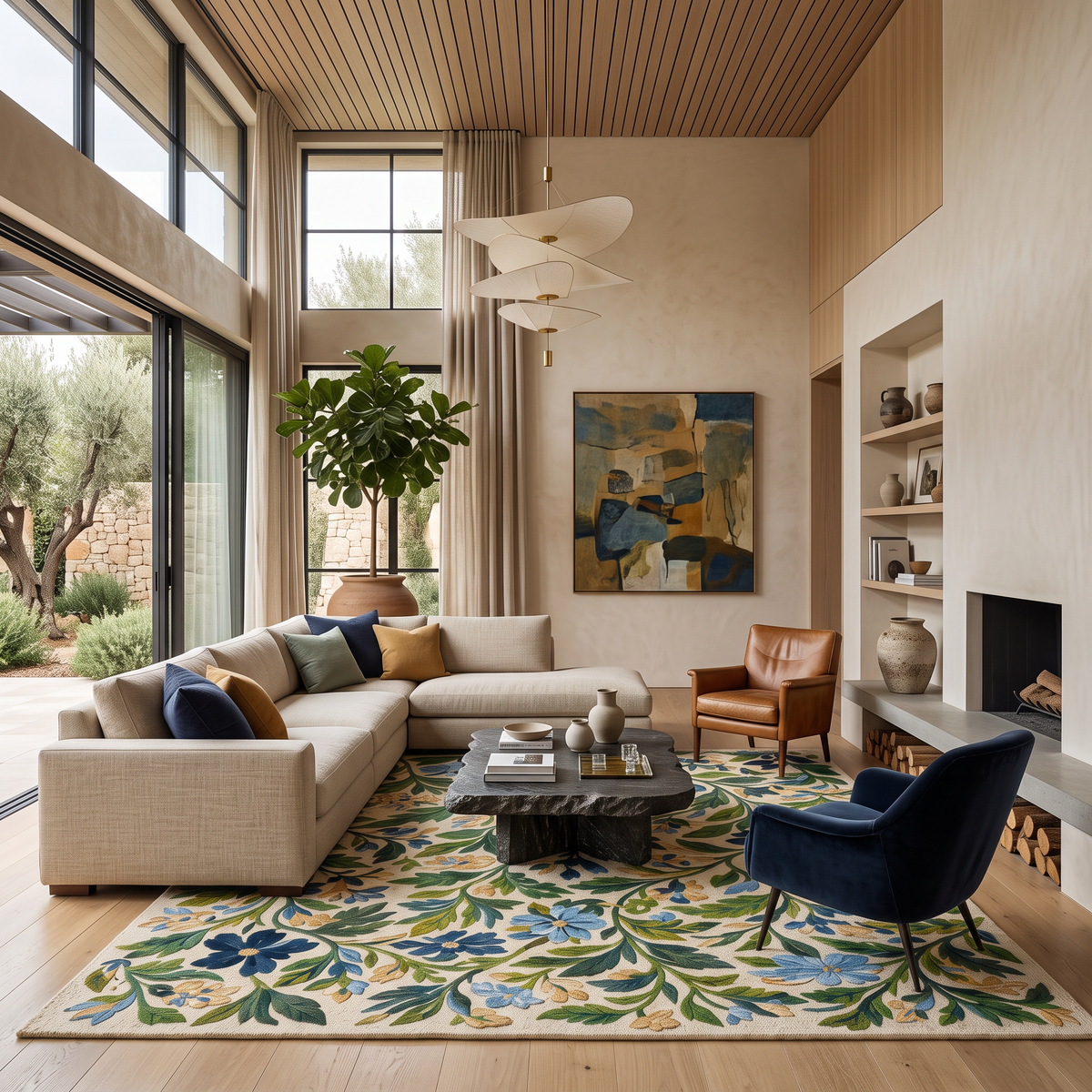 Blue and Green Botanical Floral Hand Tufted Wool Rug | Haus of Weaves