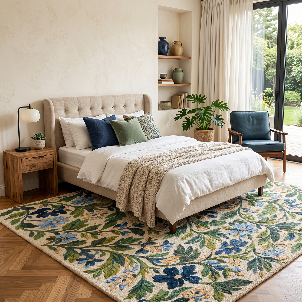 Blue and Green Botanical Floral Hand Tufted Wool Rug | Haus of Weaves