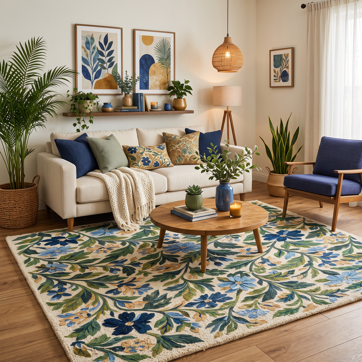 Blue and Green Botanical Floral Hand Tufted Wool Rug | Haus of Weaves