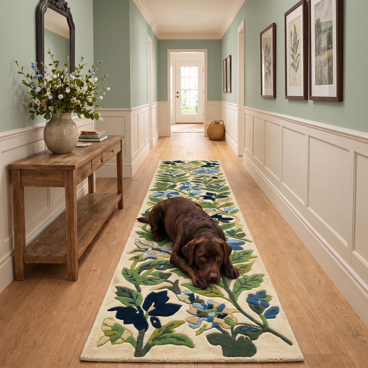 Blue and Green Botanical Floral Hand Tufted Wool Rug | Haus of Weaves