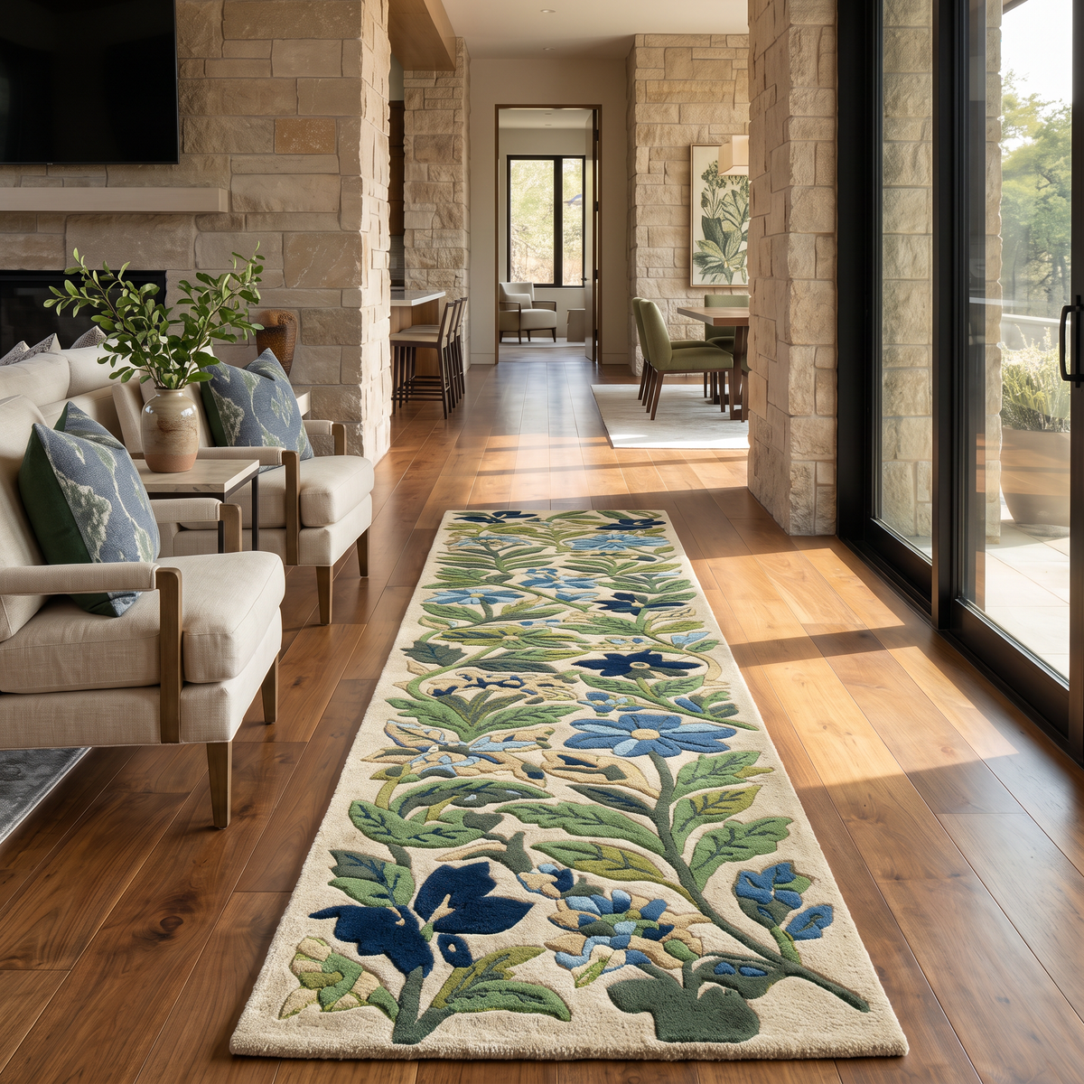Blue and Green Botanical Floral Hand Tufted Wool Rug | Haus of Weaves