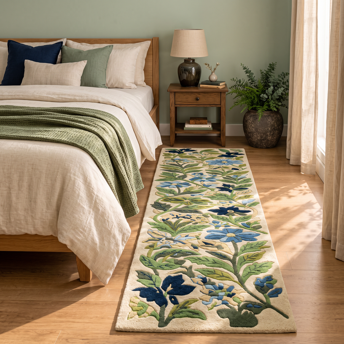 Blue and Green Botanical Floral Hand Tufted Wool Rug | Haus of Weaves