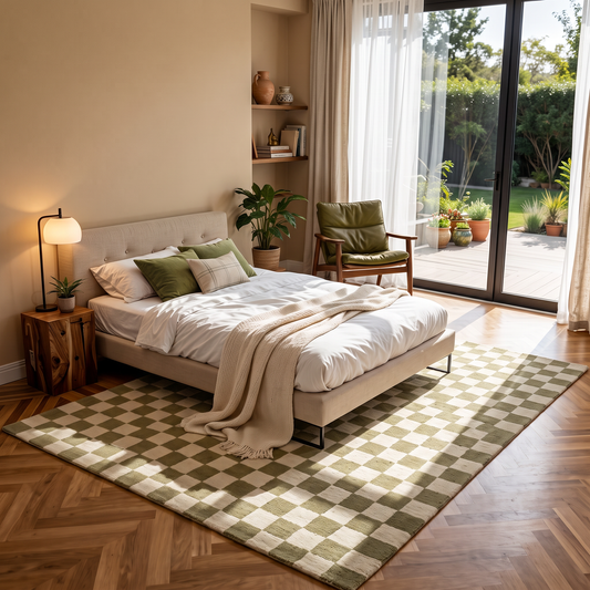 Moss Check – Olive Green & Ivory Checkerboard Area Rug | Haus of Weaves