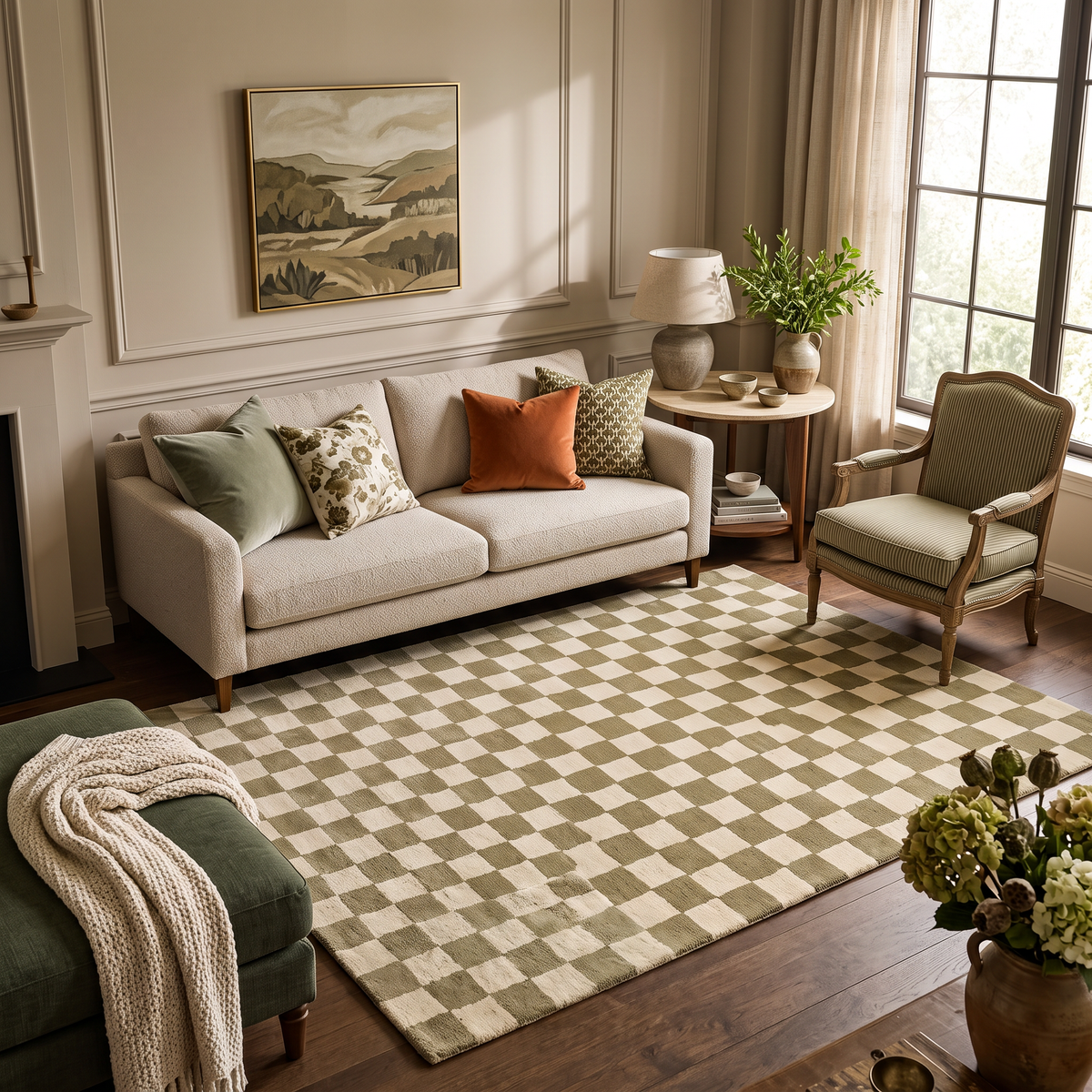 Moss Check – Olive Green & Ivory Checkerboard Area Rug | Haus of Weaves