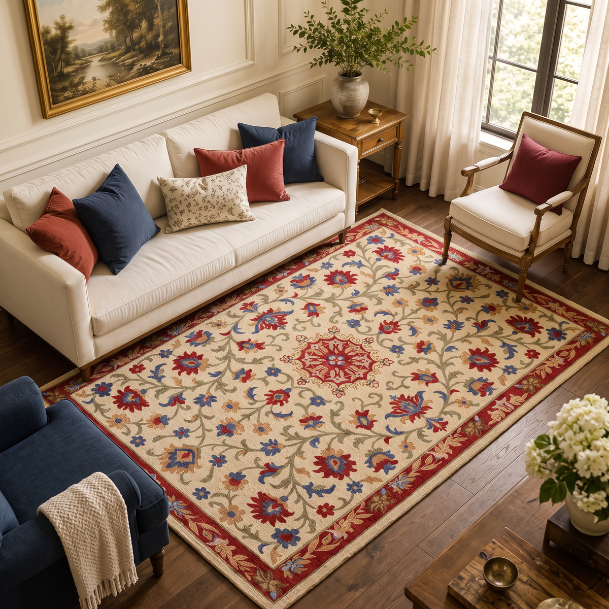 Heritage Floral - Rust & Blue Oriental Wool Hand-Tufted Area Rug | Haus of Weaves