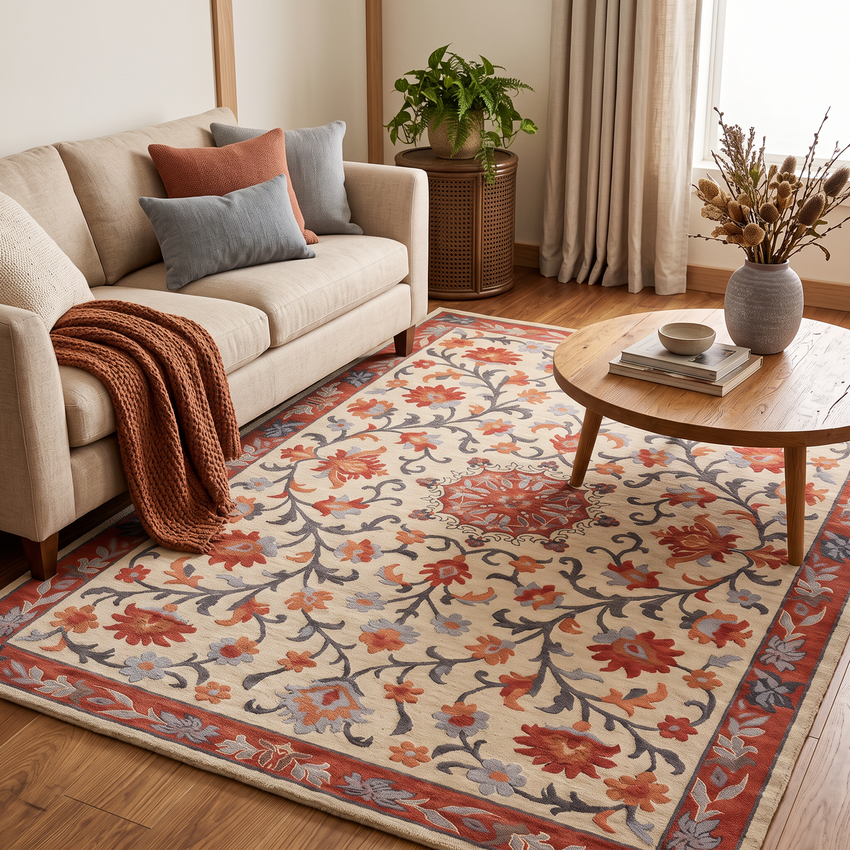 Heritage Floral - Rust & Slate Oriental Wool Hand-Tufted Area Rug | Haus of Weaves