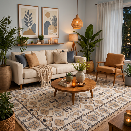 Atlas – Cream, Taupe & Blue Vintage-Inspired Geometric Area Rug | Haus of Weaves