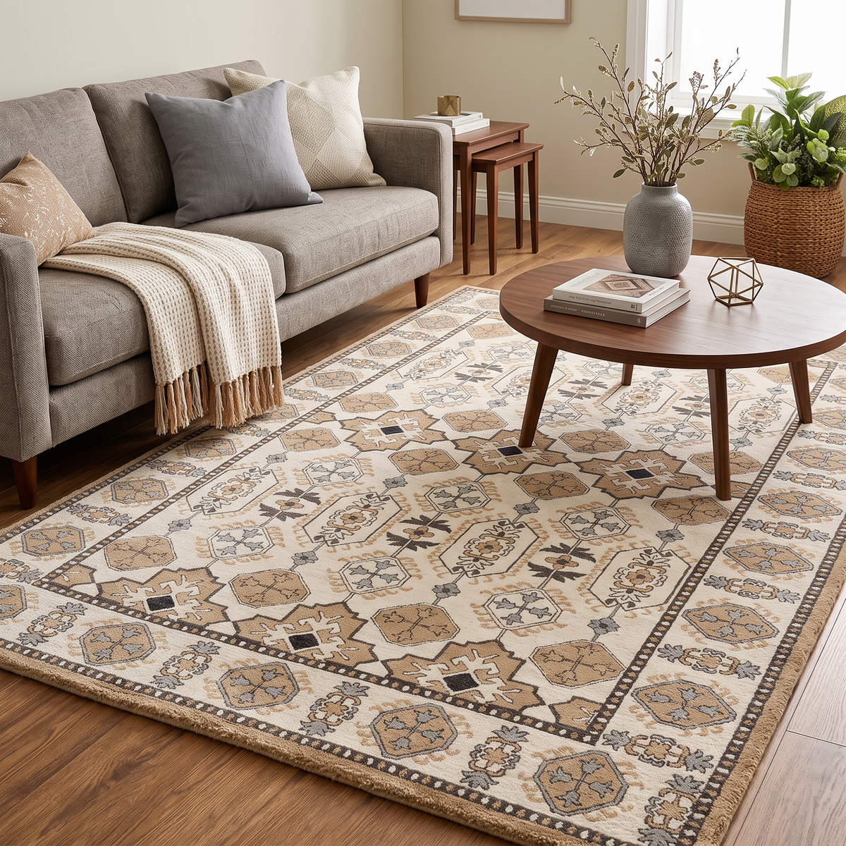 Atlas – Cream, Taupe & Blue Vintage-Inspired Geometric Area Rug | Haus of Weaves
