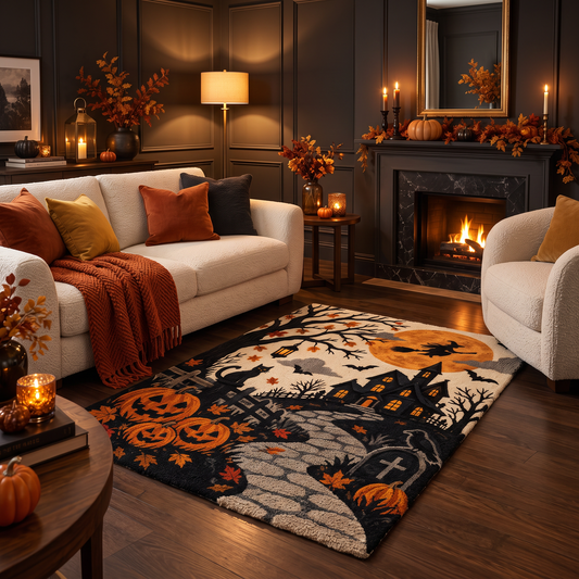 Orange & Black Halloween Wool Hand-Tufted Rug – Midnight Manor | Haus of Weaves