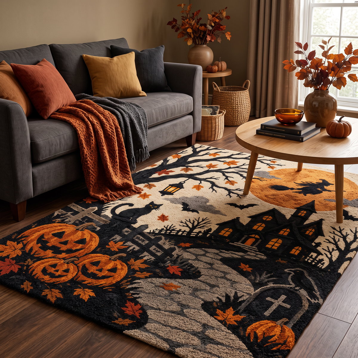 Orange & Black Halloween Wool Hand-Tufted Rug – Midnight Manor | Haus of Weaves