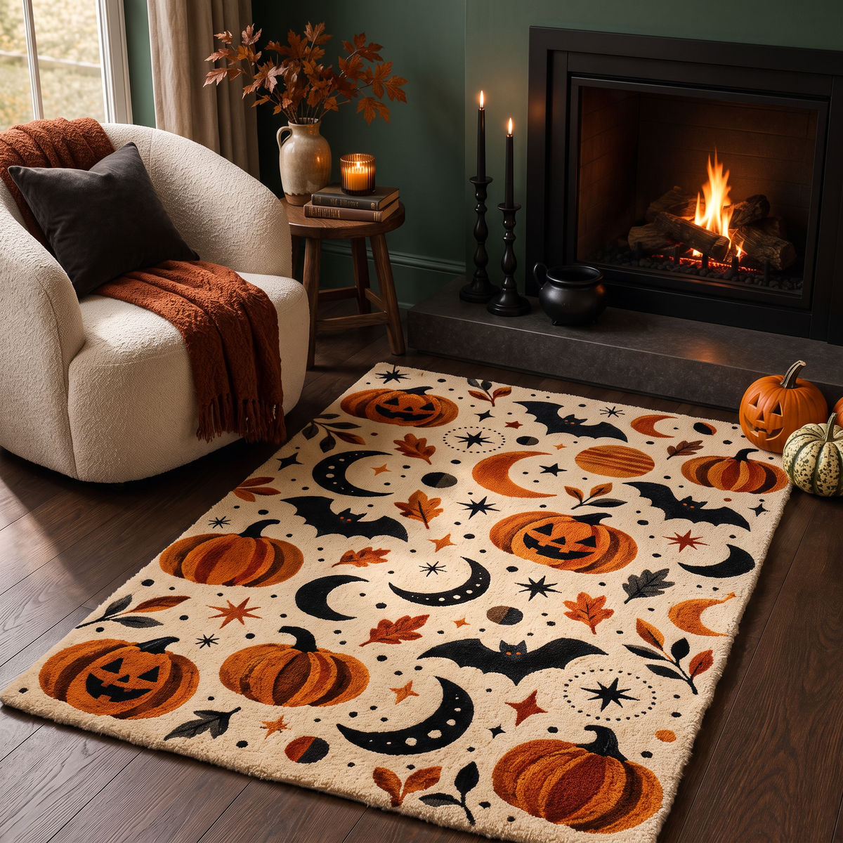 Ivory, Orange & Black Halloween Wool Rug – Pumpkin Moon | Haus of Weaves