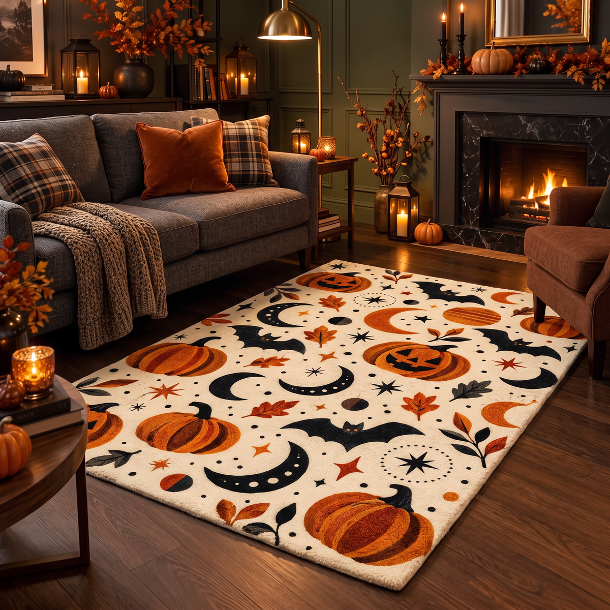 Ivory, Orange & Black Halloween Wool Rug – Pumpkin Moon | Haus of Weaves