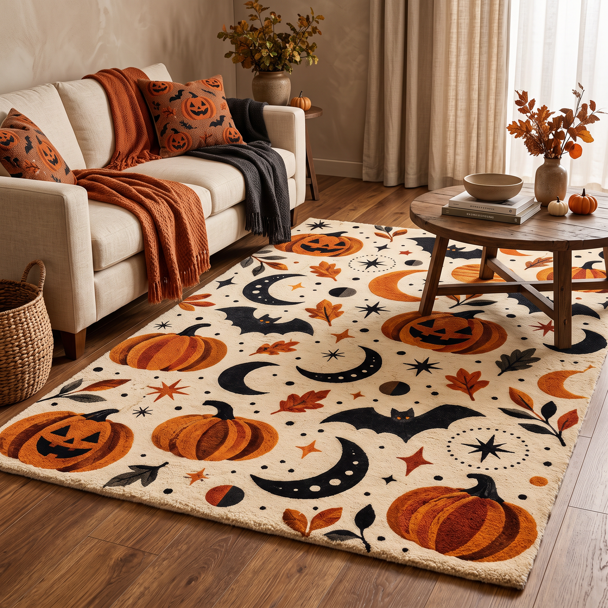 Ivory, Orange & Black Halloween Wool Rug – Pumpkin Moon | Haus of Weaves