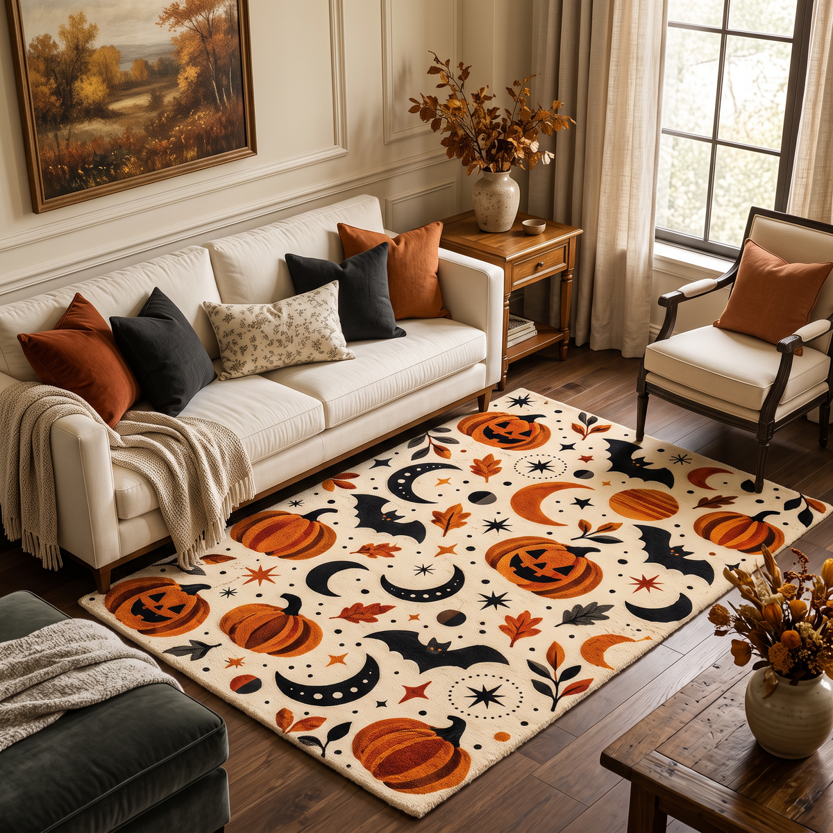 Ivory, Orange & Black Halloween Wool Rug – Pumpkin Moon | Haus of Weaves