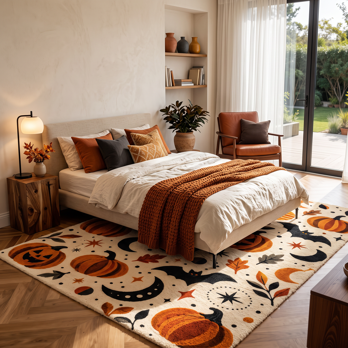 Ivory, Orange & Black Halloween Wool Rug – Pumpkin Moon | Haus of Weaves