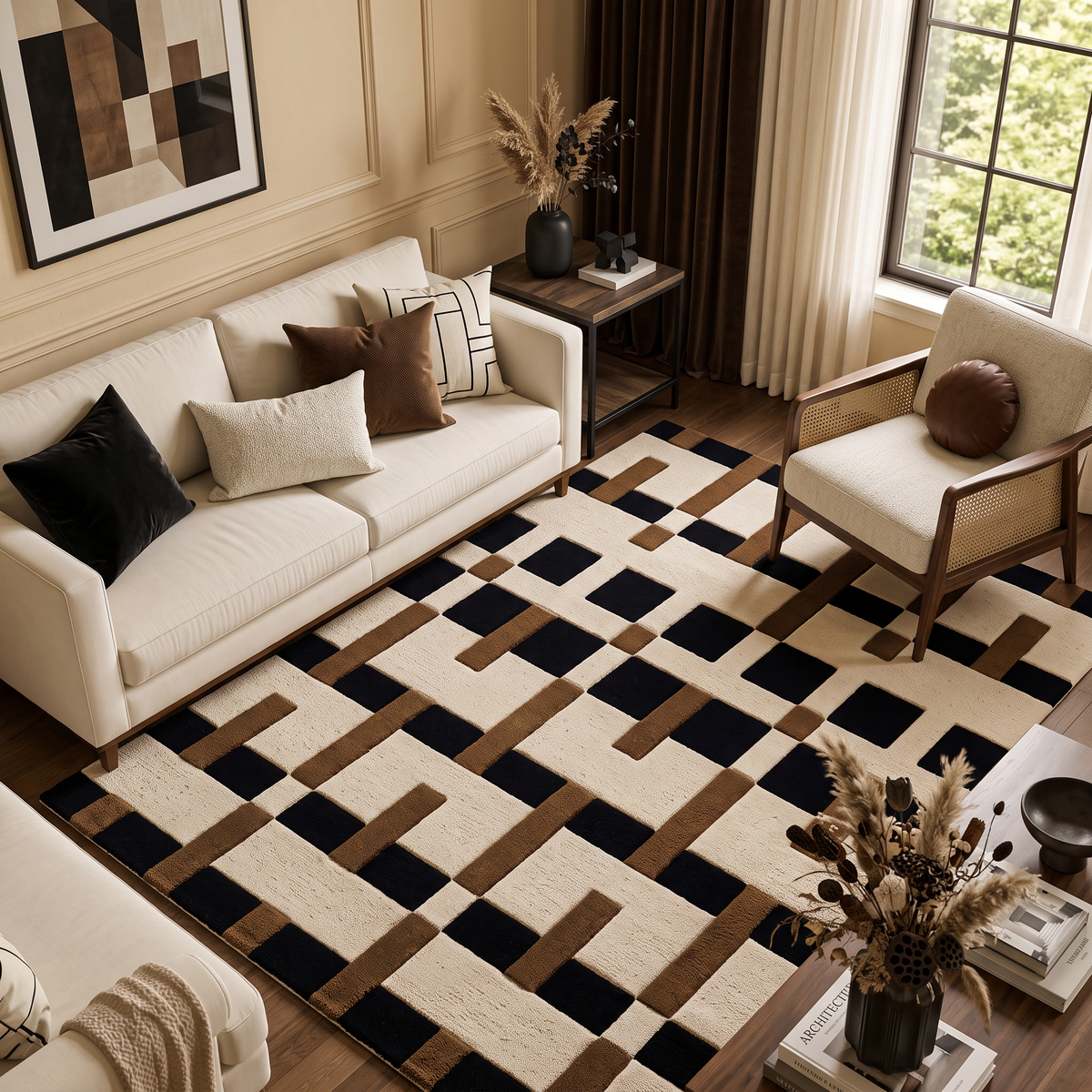 Interlock – Ivory, Black & Camel Geometric Area Rug | Haus of Weaves