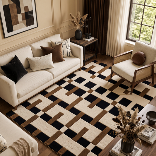 Interlock – Ivory, Black & Camel Geometric Area Rug | Haus of Weaves