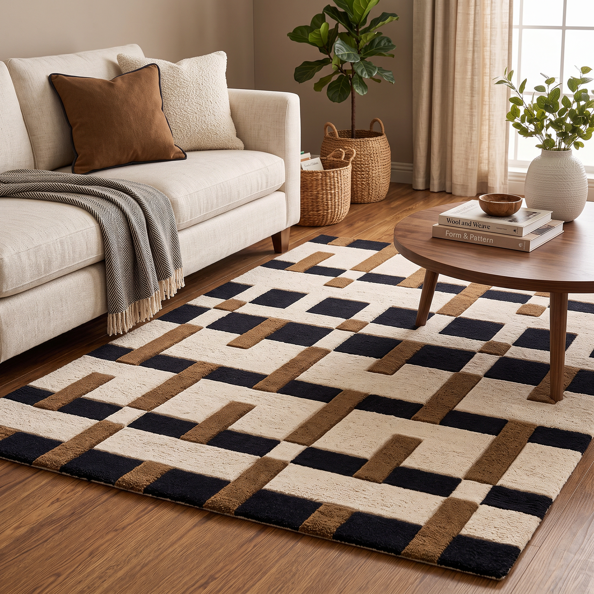 Interlock – Ivory, Black & Camel Geometric Area Rug | Haus of Weaves