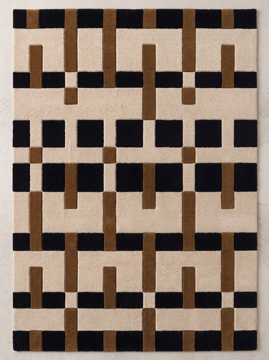 Interlock – Ivory, Black & Camel Geometric Area Rug | Haus of Weaves