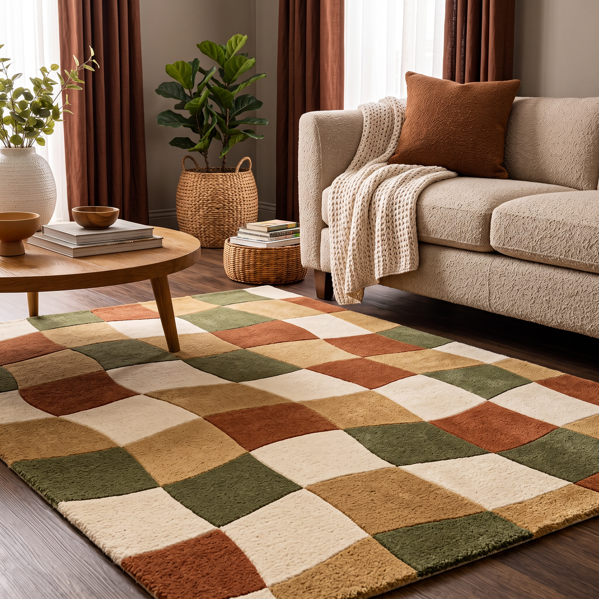 Woven Check – Rust, Olive & Cream Organic Checkered Area Rug | Haus of Weaves