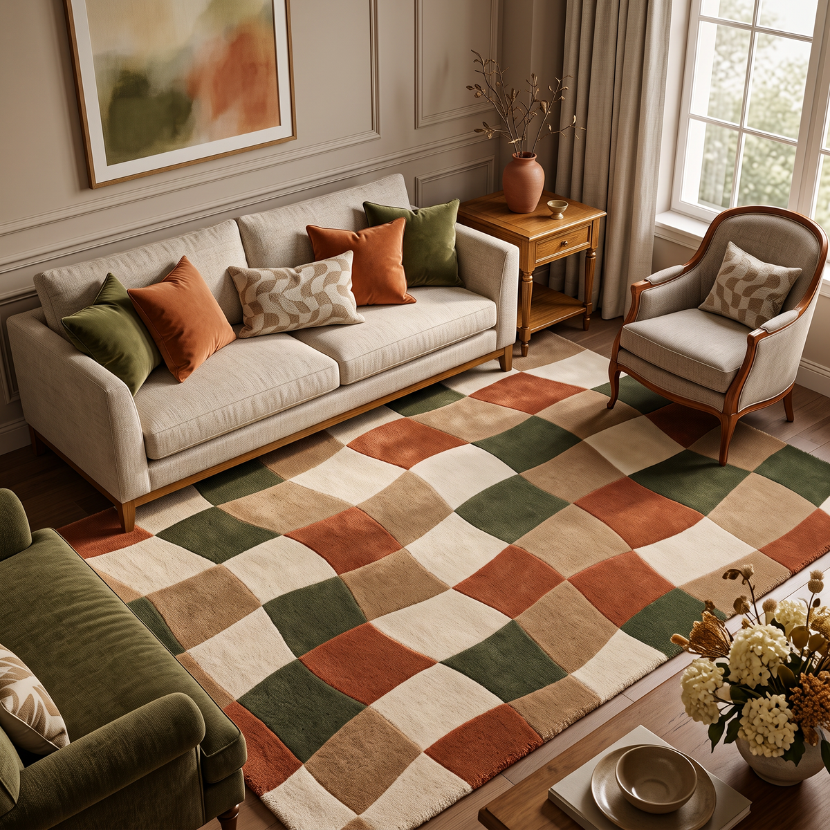 Woven Check – Rust, Olive & Cream Organic Checkered Area Rug | Haus of Weaves
