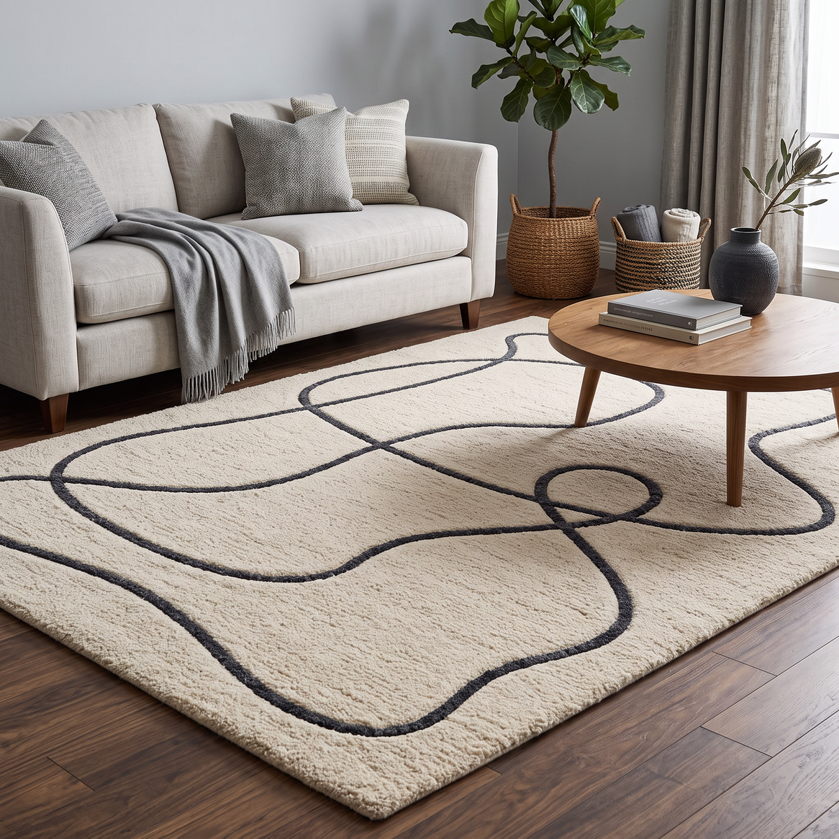 Contour Loop – Cream & Charcoal Abstract Line Area Rug | Haus of Weaves