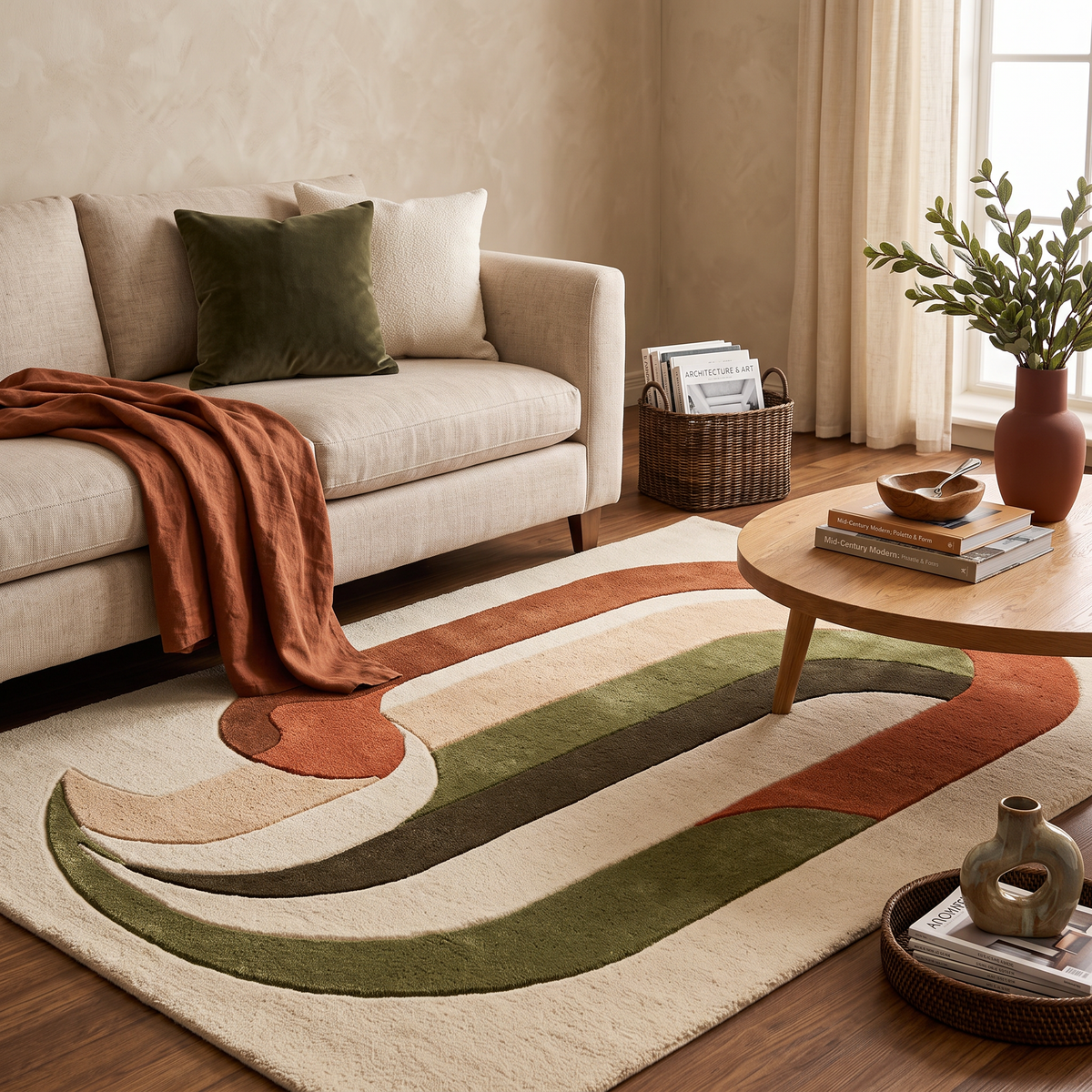 Arch Flow – Rust & Olive Organic Abstract Area Rug | Haus of Weaves